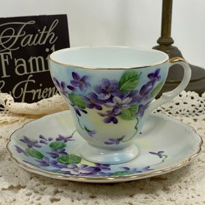 Hand Painted Vintage China Tea Cup and Saucer Set with Purple Violet Flowers and Gold Accent Trim, PR-8J.