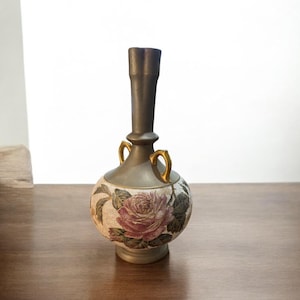 Vintage H W & Co Rose Vase | Hand-Painted Pink Rose Floral Vase | 14” Tall Shabby Chic Cottagecore Decor | Gold Handles Ivory Matte Finish