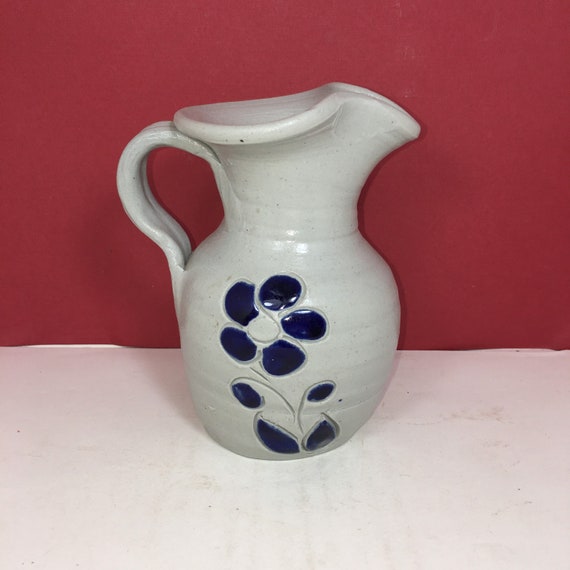 Williamsburg Pottery Handcrafted Blue Flower Ceramic Pitcher Etsy