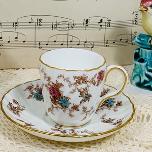 Vintage Demitasse Cup & Saucer set, Minton Ancestral Fine Bone China, England S376, Miniature Tea Cup and Saucer