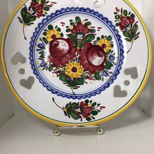 Hand Painted Italian Floral Plate, Rose & Sunflower Pierced Heart Pottery Plate Italy