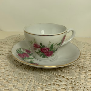 Demitasse Teetasse & Untertasse, Rosen mit Goldrand Handbemalt, Made in Japan