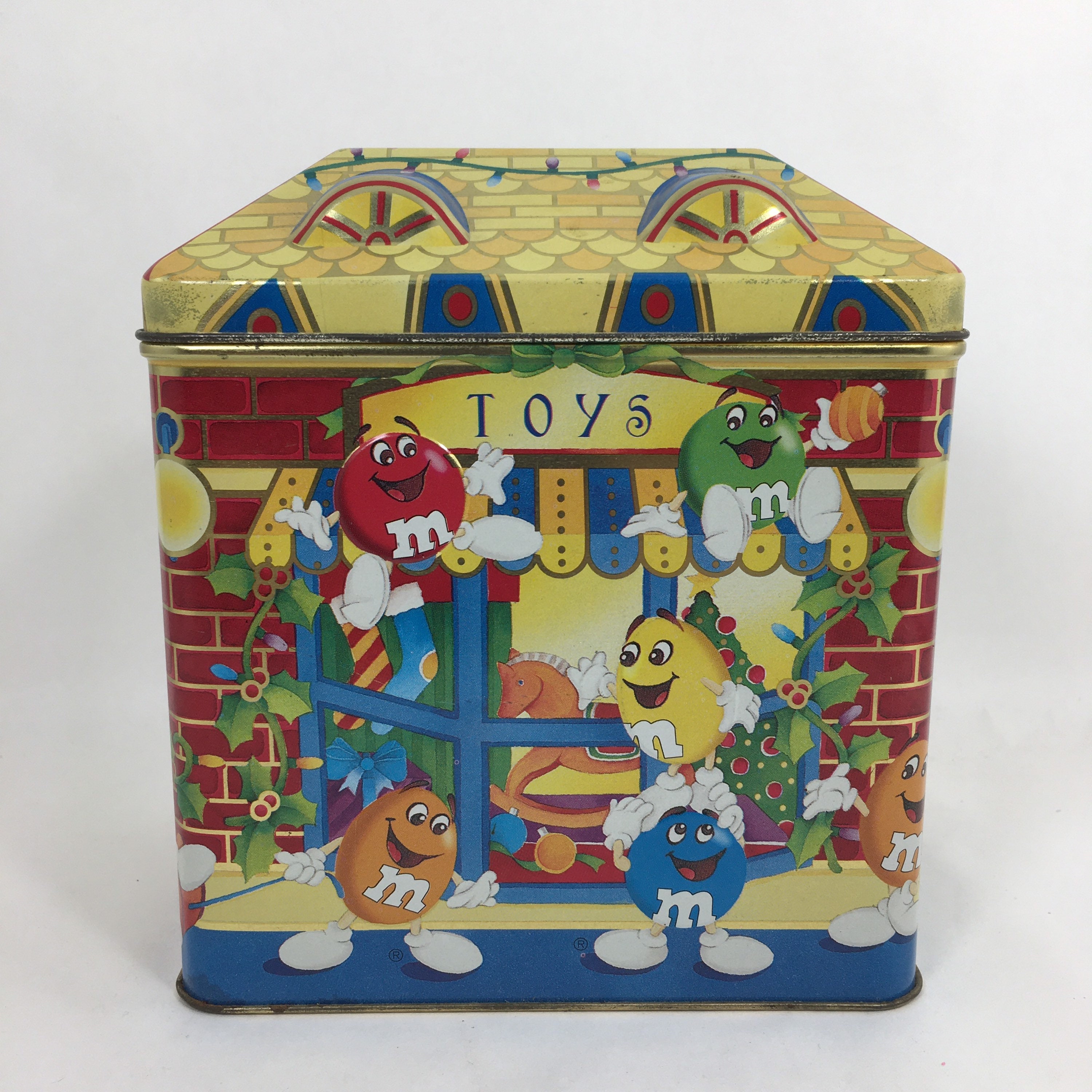 Vintage M&M Metal Tin Box, 1996 Christmas Toy Shop Collectible