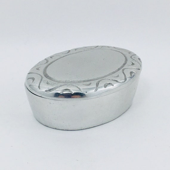 Vintage Oval Silver Color Metal Ring Box Trinket … - image 2