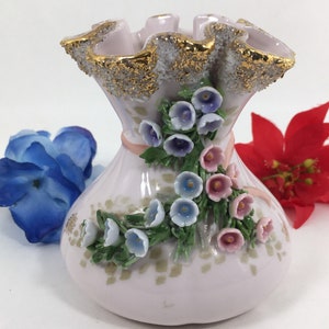 Vintage Lefton Handpainted Ruffled Bag Vase Pastel Blue & Pink Flowers Gold Glitter Decor