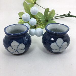 Vintage Blue Ceramic Small Vase Set, Handpainted Miniature Jars, Spoon Bowls