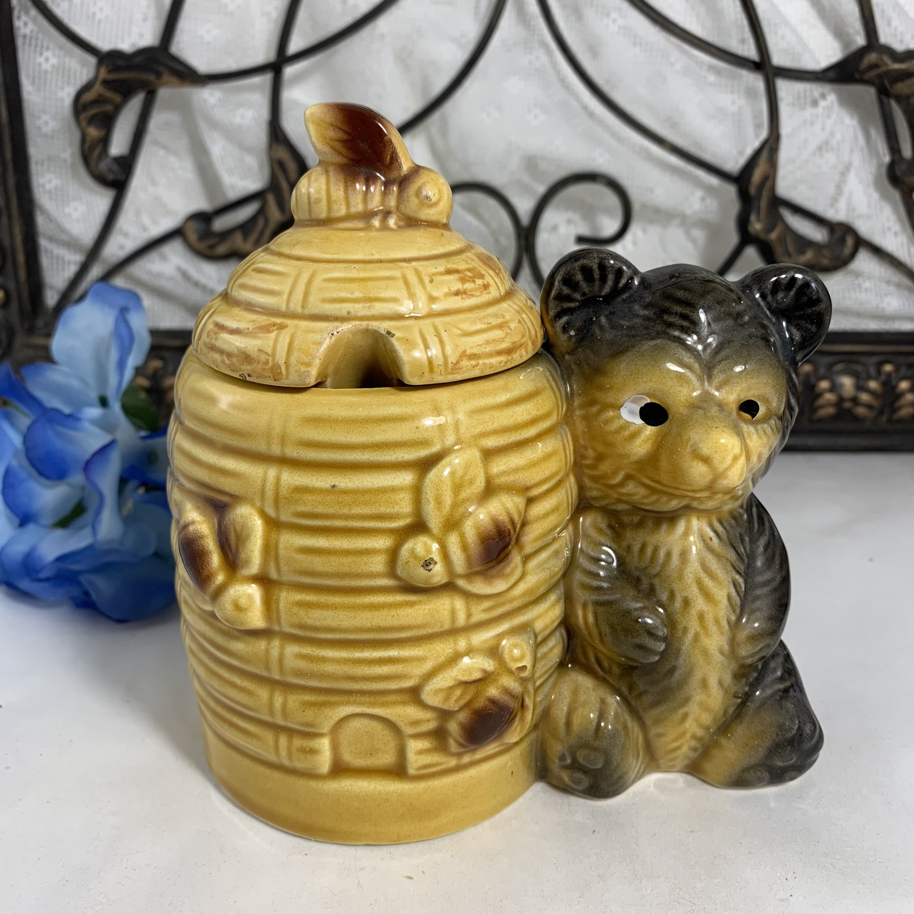 Vintage Honey Jar With Lid - Beehive & Teddy Bear Honey Pot With