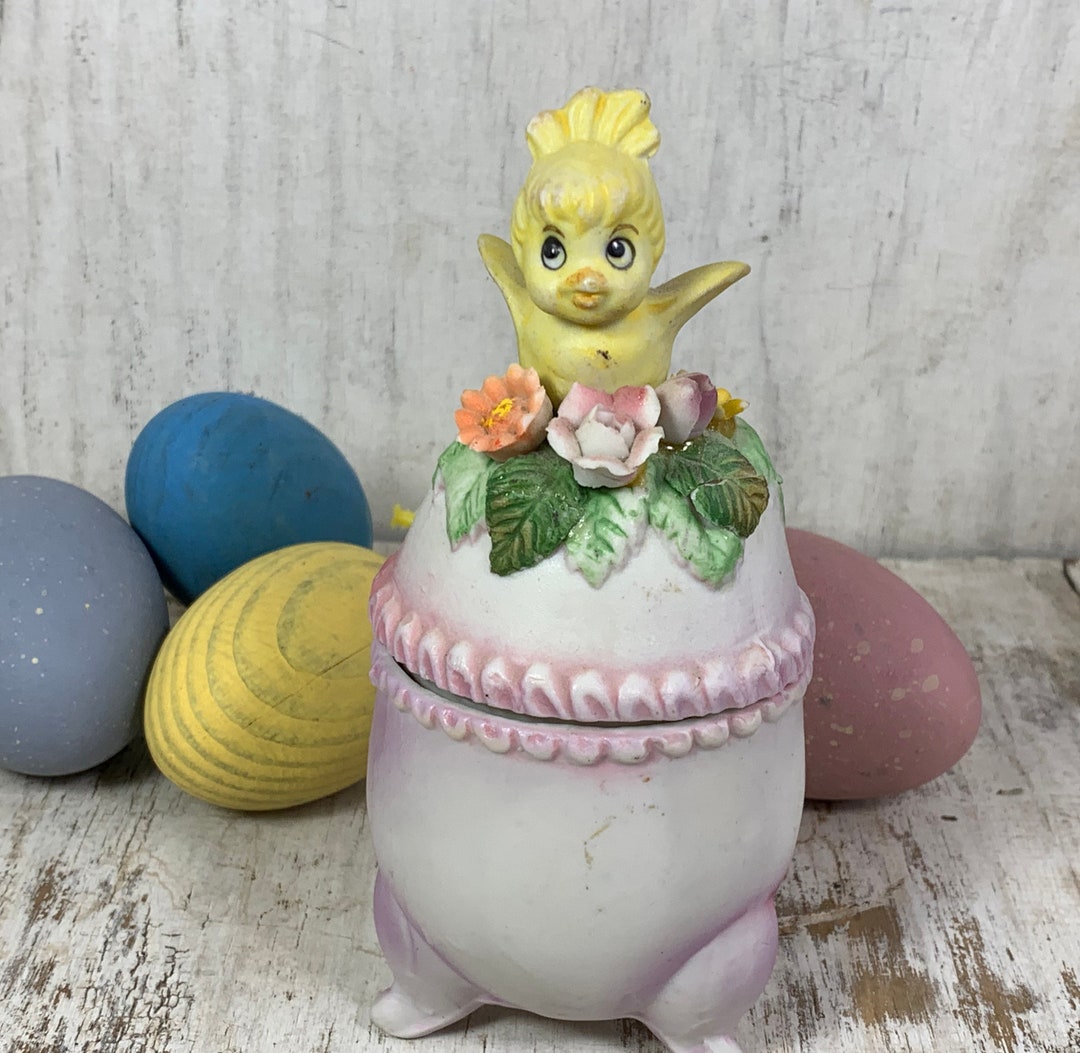 Vintage Egg Shaped Trinket Box With Yellow Chick and Flowers, Egg Shaped Jewelry Box, Bisque Egg