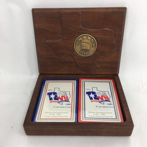 Cartas de baralho de lembrança do Texas, cartas de baralho comemorativas do Sesquicentenário do Texas em caixa de madeira