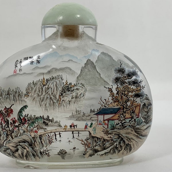 Botella de rapé de vidrio pintado al revés vintage, arte chino pintado a mano