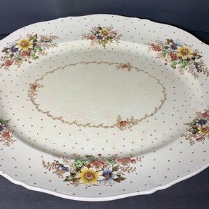 May include: A white oval serving platter with a brown polka dot pattern and floral designs around the edge. The flowers are in shades of yellow, red, blue, and green.