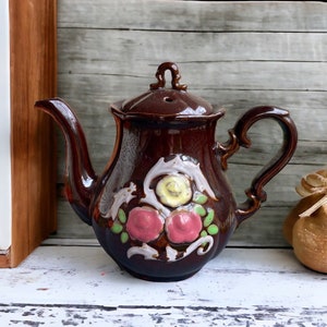 Teiera vintage in ceramica marrone floreale, Giappone, decorazione da cucina, decorazione da fattoria