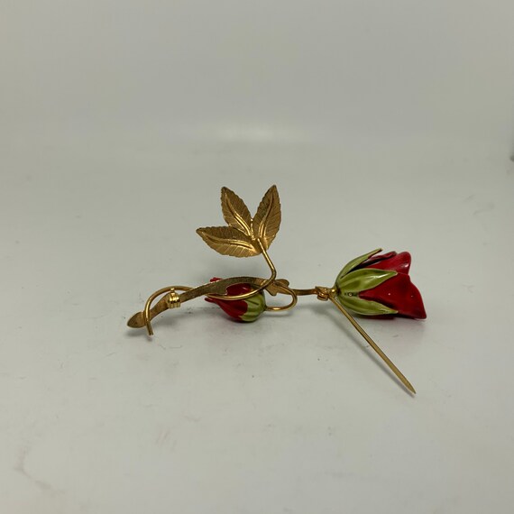 Spilla A Forma Di Rosa Con Stelo Lungo In Oro E Strass Vintage