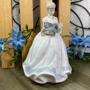 Vintage Porcelain Music Box Lady in Blue Holding Cat plays Memory from Cats Musical