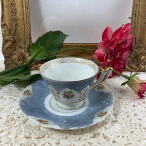 UCAGCO VINTAGE China Cup and Saucer Made In Occupied Japan, Demitasse Cup and Saucer Blue with Pink Flowers Gold Accents Tea Cup and Saucer