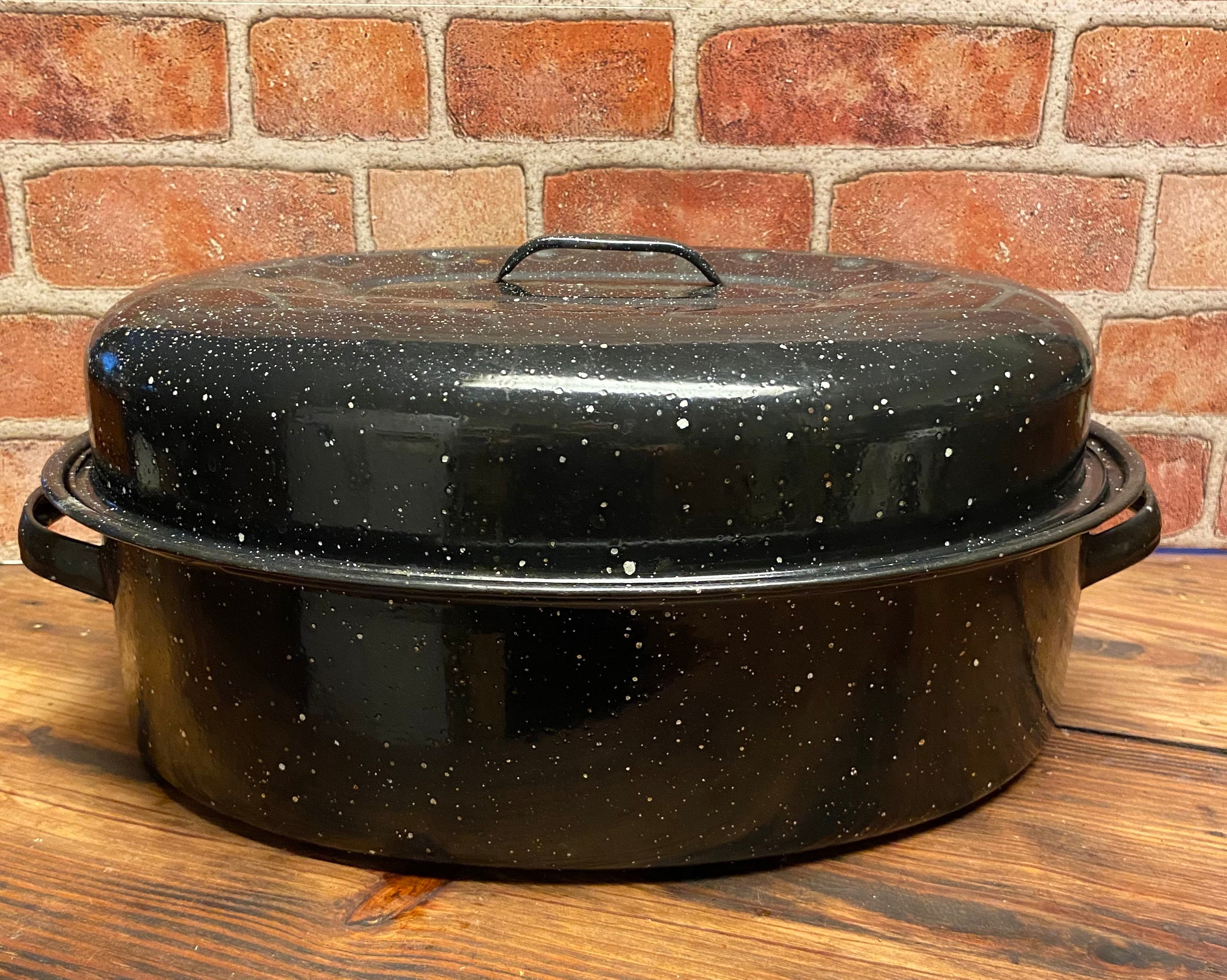 Enamel Roasting Pan With Lid, Vintage Enamel Roaster, Black Enamel Turkey  Roaster 