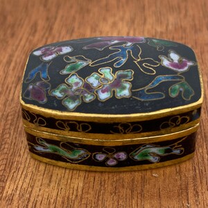 Brass Chinese Cloisonne Enamel Trinket Box - Purple Blue Cobalt Floral Cloisonné Pill Box - Snuff Box, Miniature Brass Enamel Box