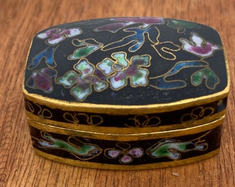 Brass Chinese Cloisonne Enamel Trinket Box - Purple Blue Cobalt Floral Cloisonné Pill Box - Snuff Box, Miniature Brass Enamel Box