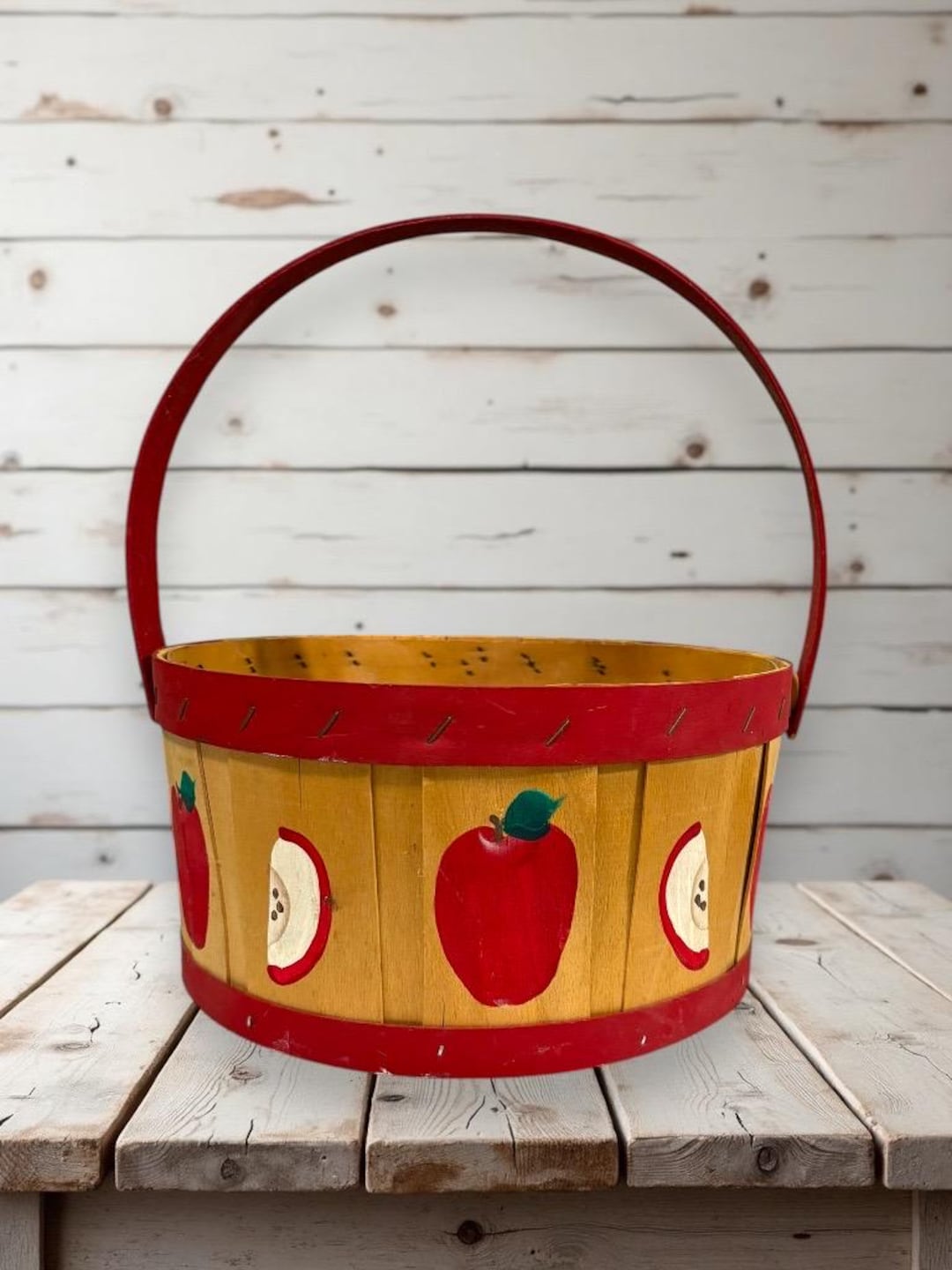 Vintage Round Wooden Slat Basket With Wood Handle, Apple Basket