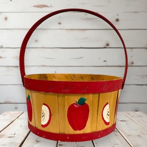 Vintage ronde houten mand met latten en houten handvat, appelmand, mand met korenmaat