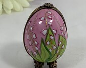 Limoges France Peint. Main Chamart Exclusif Destieux Lily of the Valley Egg Box on Stand Trinket Box, Egg Shaped Limoges Trinket Box