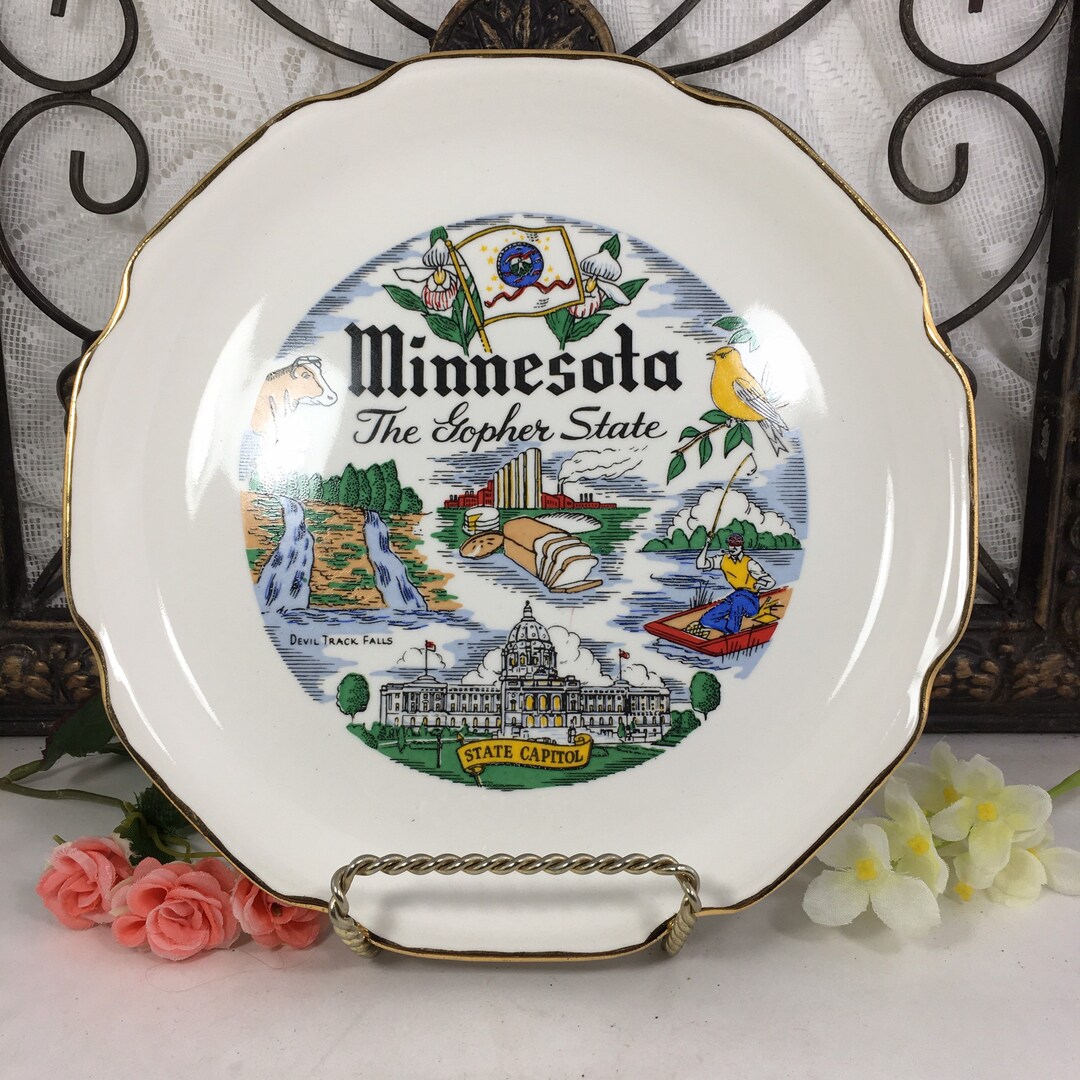 Minnesota Souvenir Plate, 22k Gold Minnesota the Gopher State