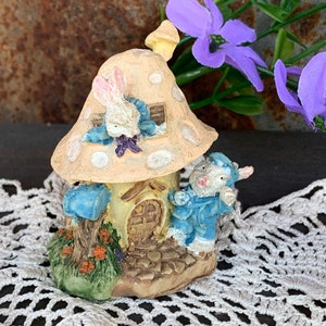 Miniature Mushroom Shaped Fairy House with Bunny Rabbit, vintage