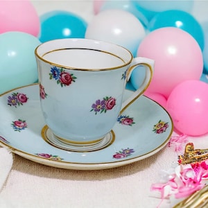 Vintage Blue Floral Demitasse Cup and Saucer Gold Trim, COLCLOUGH China Tea Cup and Saucer