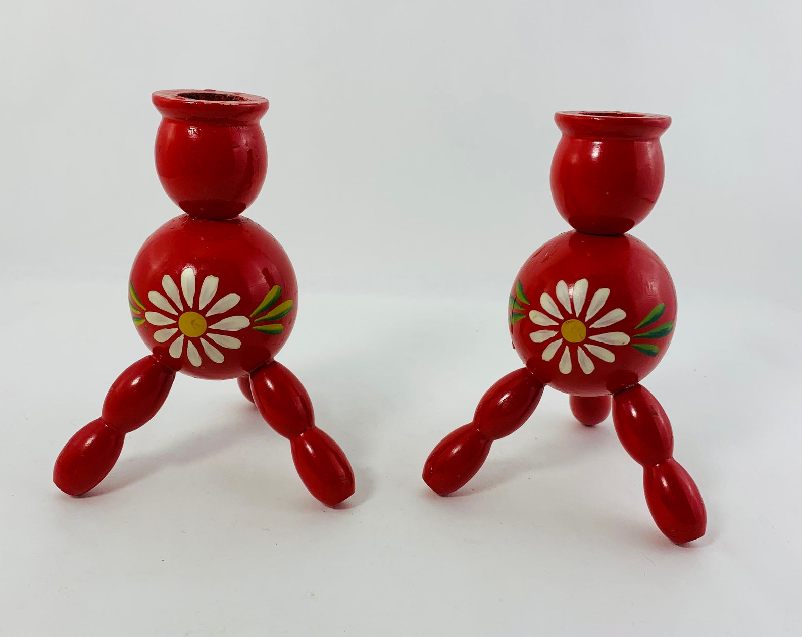 Wooden Swedish Candle Holders Hand Painted Red with White Etsy