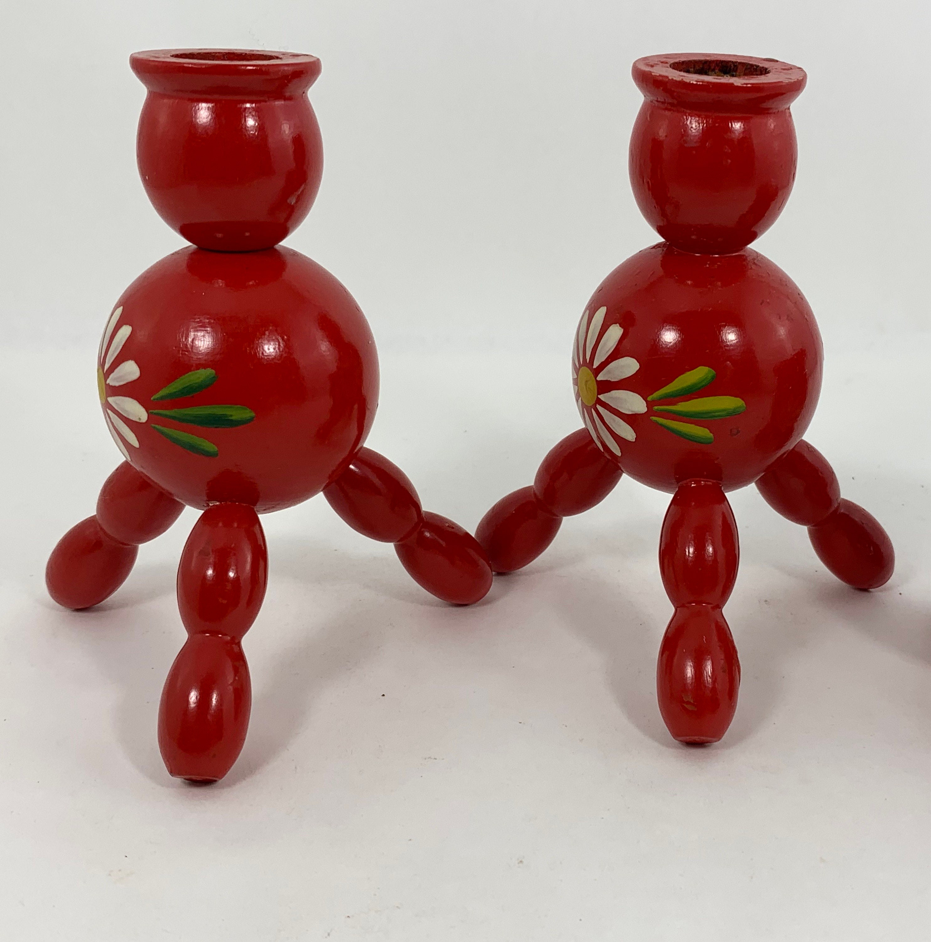 Wooden Swedish Candle Holders Hand Painted Red with White Etsy