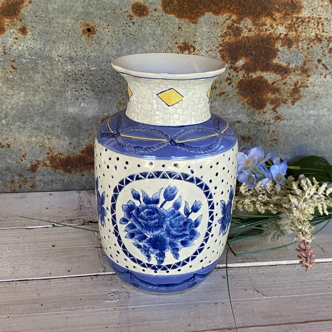Vintage Porcelain Floral Vase With Blue and White Flowers, Hand Painted ...