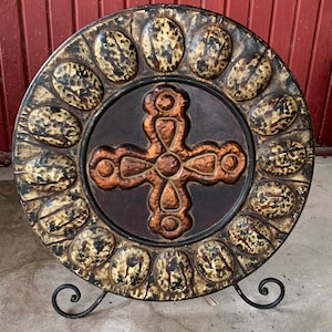 Decorative Round Metal Tray with Cross, Metal Shield with Cross, Farmhouse Decor, Shabby Chic,