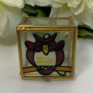 Vintage Owl Decorative Trinket Box Brass & Glass Trinket Box with Hinged Lid, Stained Glass Owl Footed Trinket Box, Display Box