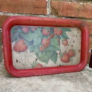 Vintage Red Metal Decorative Tray with Strawberries