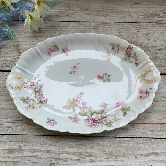 Haviland 花柄 楕円大皿 フランス製 Oval Haviland Serving Dish Pink Flowers Gold Trim Limoges France
