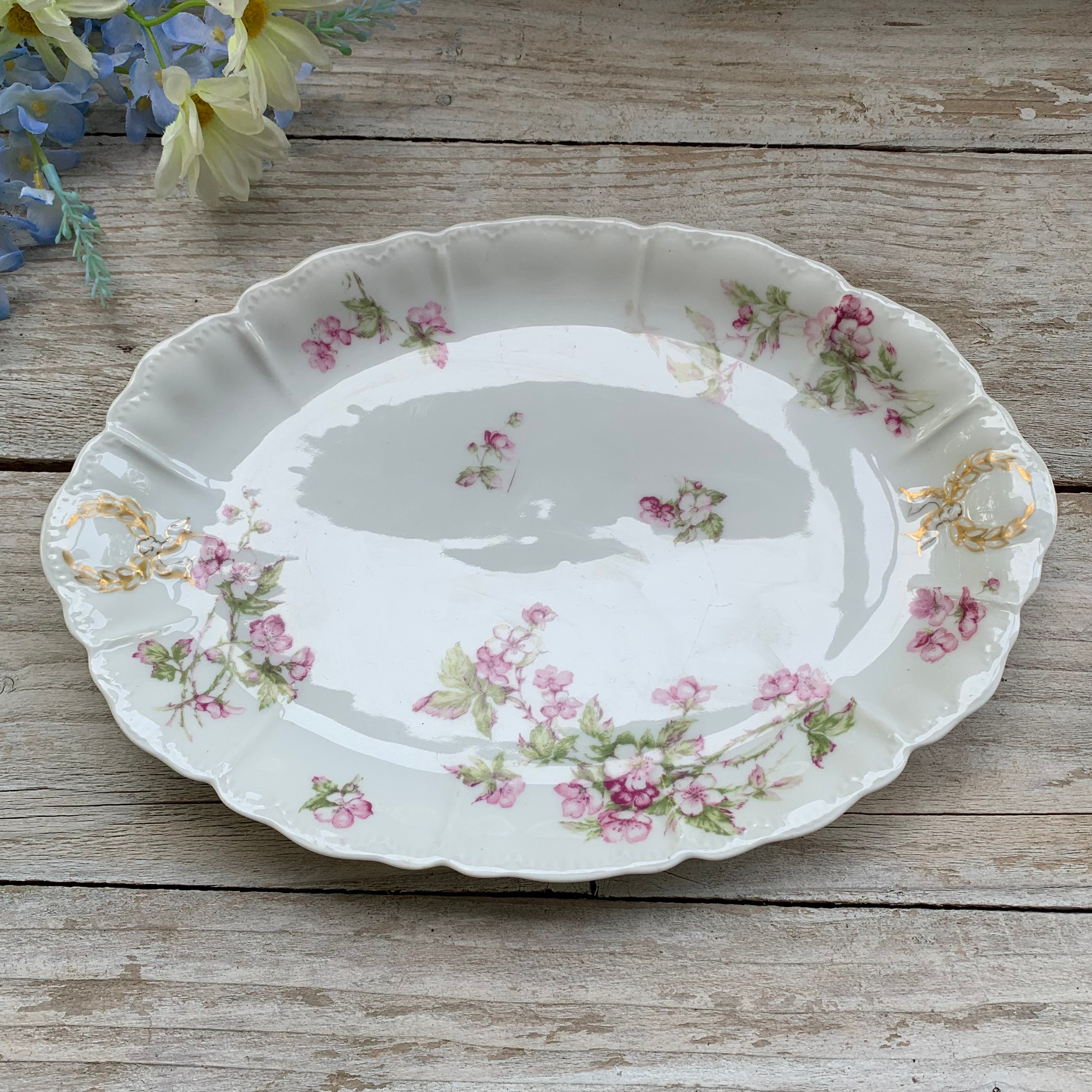 新品タグ付☆L'assiette ラシェット☆花モチーフが可愛いエプロン　ピンク Oval Haviland Serving Dish Pink Flowers Gold Trim Limoges France