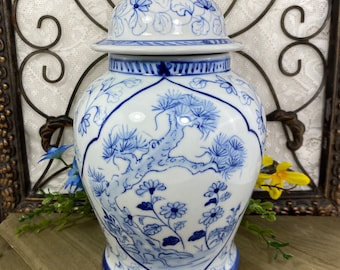 Vintage pot de gingembre bleu avec fleurs et bonsaï art, chinoiseries, pot de gingembre en porcelaine de Manns