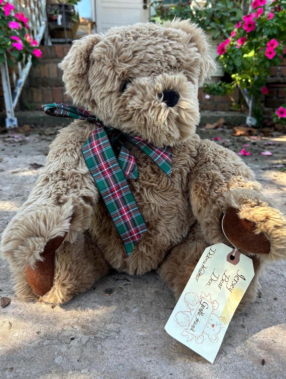 Vintage Brown Teddy Bear With Plaid Bow, Handmade Stuffed Teddy