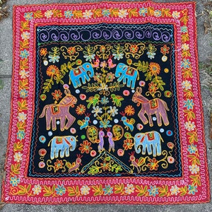 Vintage Bohemian Decor Elephant Tapestry, Colorful Hand Embroidered Textile Elephant and Donkey Design Wall Hanging 34” x 35”