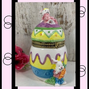 Vintage Easter Egg Trinket Box Canister, keramische paashaas scharnierende pot, koektrommel