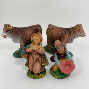 Vintage Nativity Figurines, Mary Tax Collector/Beggar Cows, Made in Italy, Plaster Chalkware Nativity Figurines
