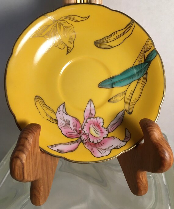 Vintage Wako China Occupied Japan Yellow Floral Saucer Pink Orchid