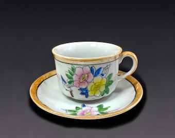 Vintage Handpainted Japanese Tea Cup and Saucer, Pink and Yellow Flowers with Bird Tea Cup