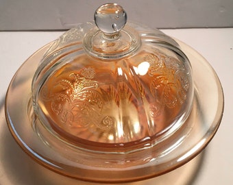 Orange Butterdose mit klarem Deckel, Vintage Runde Butter Käse Schale