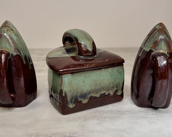 Vintage Iron Design Salt and Pepper Shaker with matching Lidded Butter Dish, Rustic Home Decor, Country Farmhouse Decor