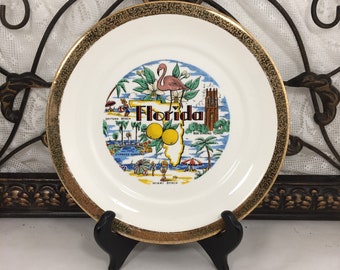 Florida Souvenir Plate, Florida Collectible Wall Plate Decor, Carvel Federal Florida Plate, Vernon Kilns Florida Plate, Sabin Crown of Gold