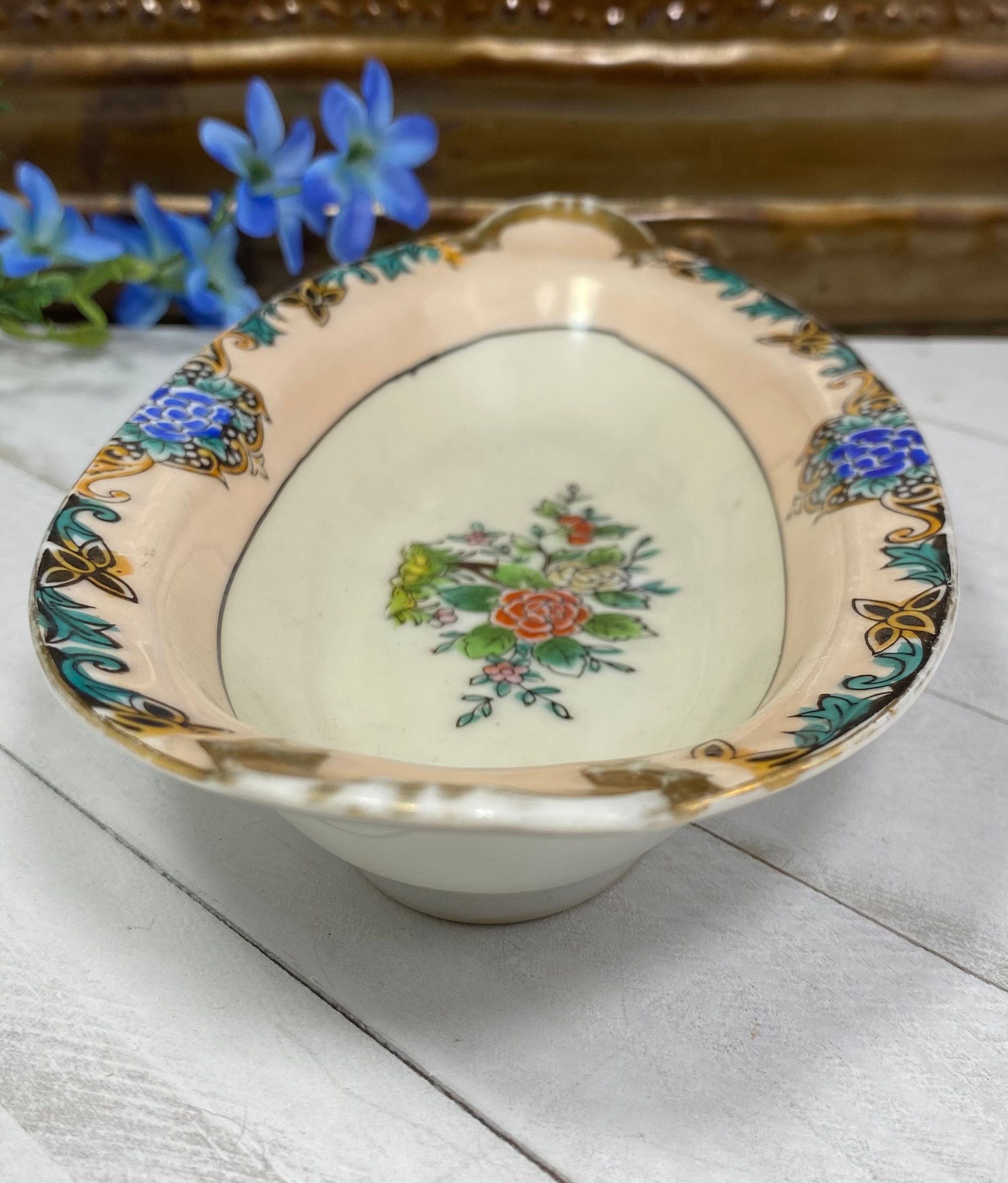Vintage Noritake Peach Oval Dish Blue Flowers Gold Trim - Nut