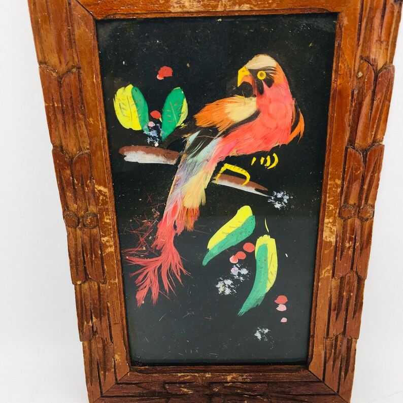 Peut inclure: Une &oelig;uvre d'art encadr&eacute;e repr&eacute;sentant un oiseau color&eacute; r&eacute;alis&eacute; avec des plumes, sur un fond noir avec des feuilles vertes et jaunes. L'oiseau a un corps rouge, une t&ecirc;te jaune et des plumes de queue multicolores.