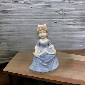 Vintage Porcelain Blue and White Hand Bell Colonial Girl Figurine, Lladro-like Victorian Girl Bell