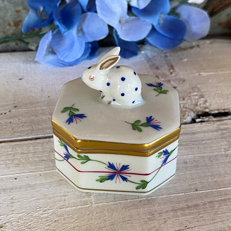 Vintage Herend Porcelain Octagonal Trinket Box With Rabbit Etsy